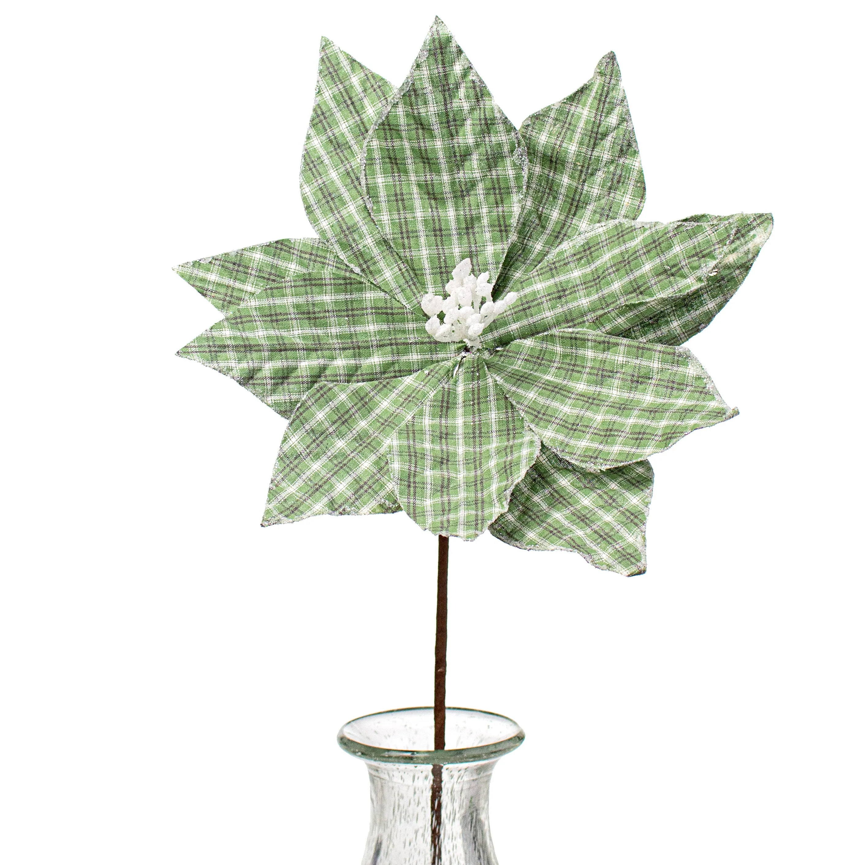 21" Plaid Poinsettia Stem: Soft Green, Grey, White
