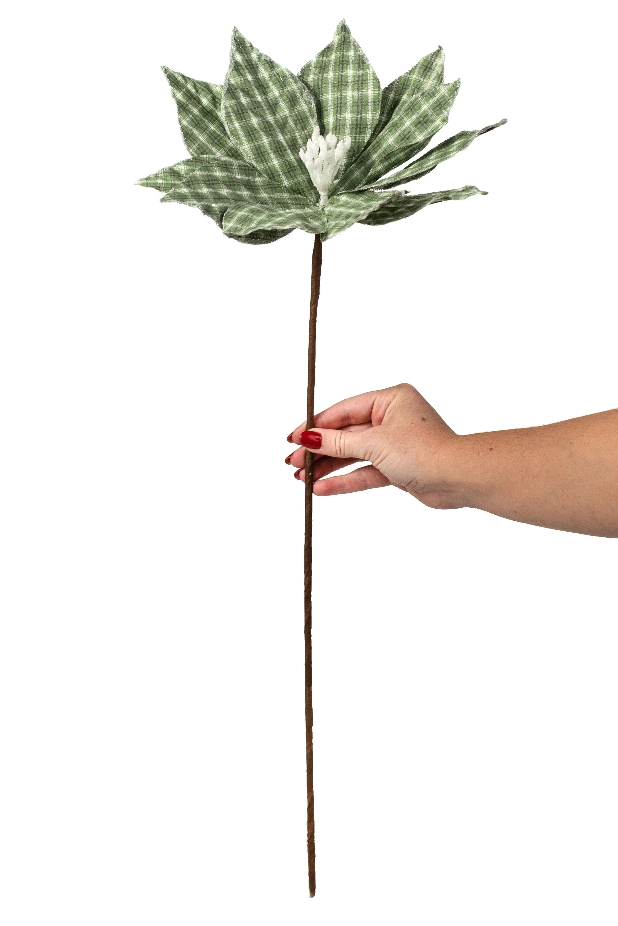 21" Plaid Poinsettia Stem: Soft Green, Grey, White