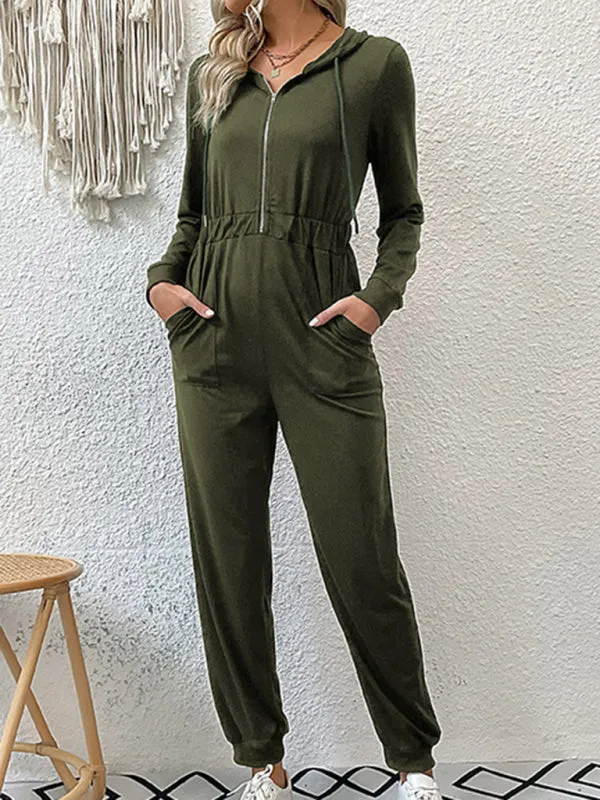 Boho Long Sleeve Half Zip Workwear Fall Jumpsuit