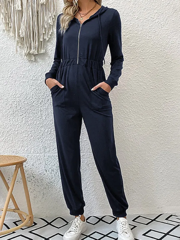 Boho Long Sleeve Half Zip Workwear Fall Jumpsuit