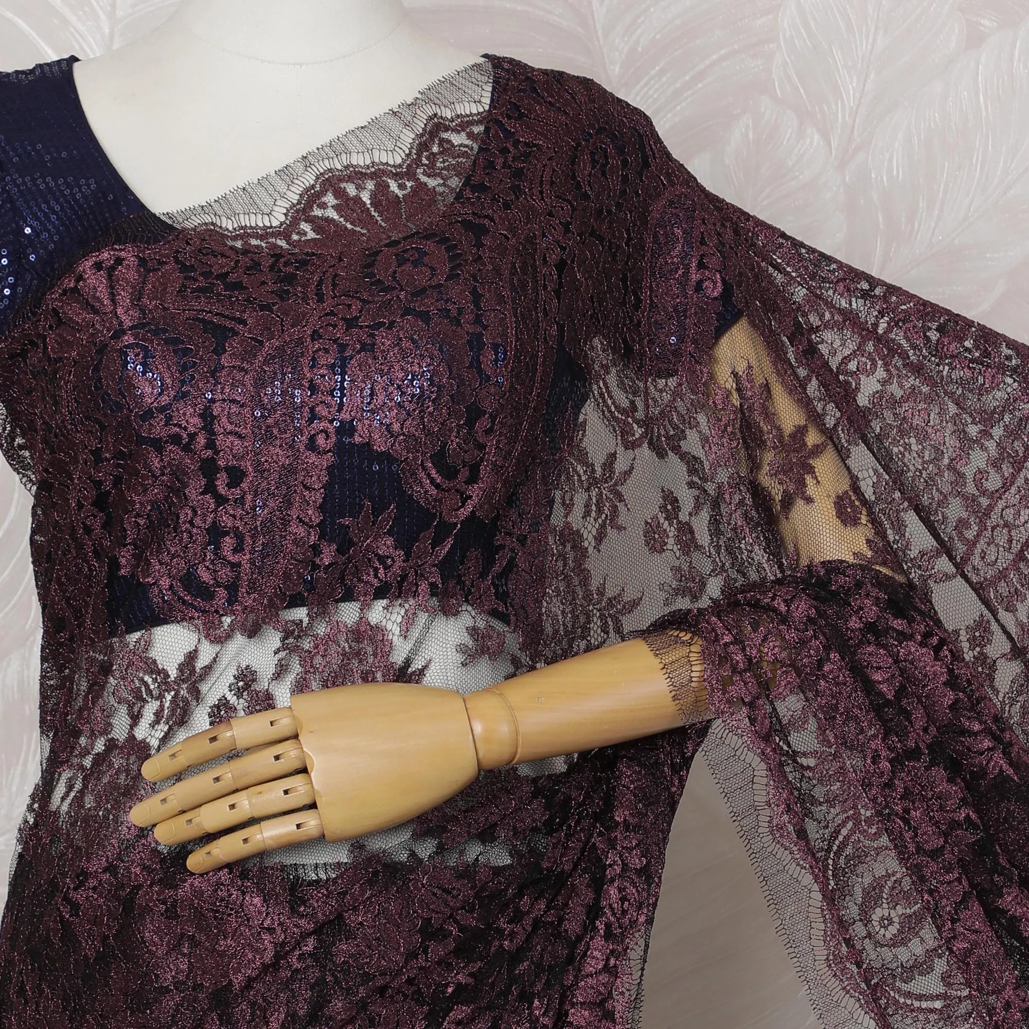 Burgundy French Metallic Chantilly Lace Saree - 110 cm Width, 5.5 Meters-D20165