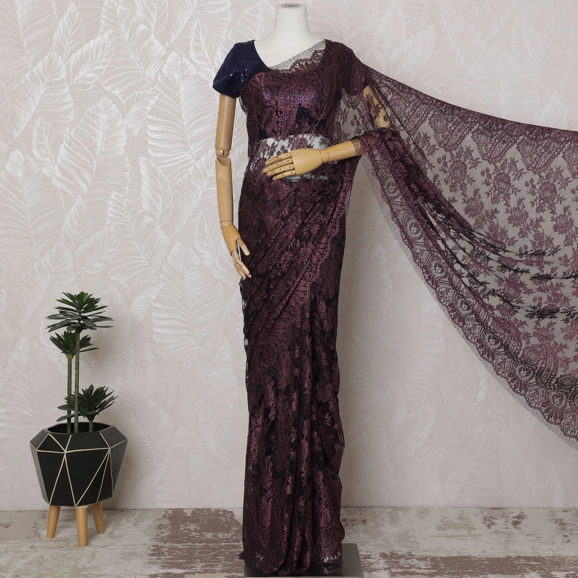 Burgundy French Metallic Chantilly Lace Saree - 110 cm Width, 5.5 Meters-D20165