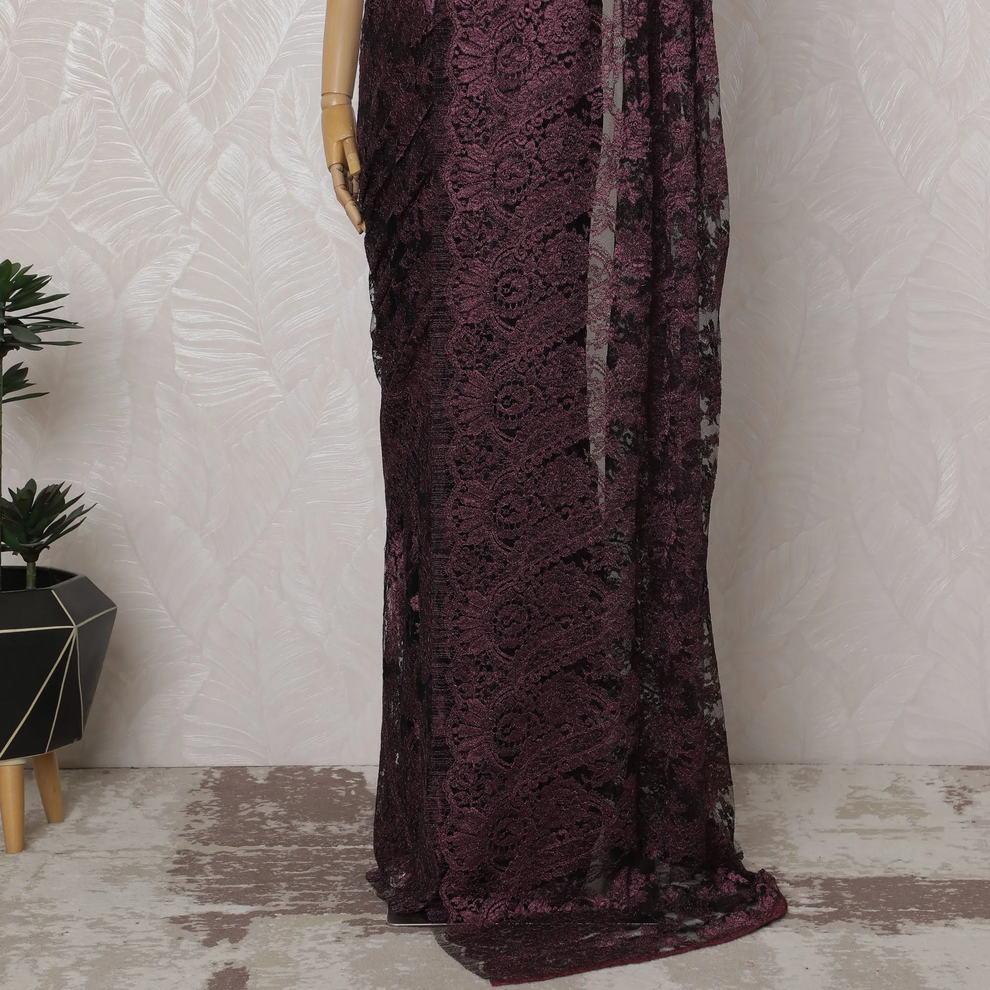Burgundy French Metallic Chantilly Lace Saree - 110 cm Width, 5.5 Meters-D20165