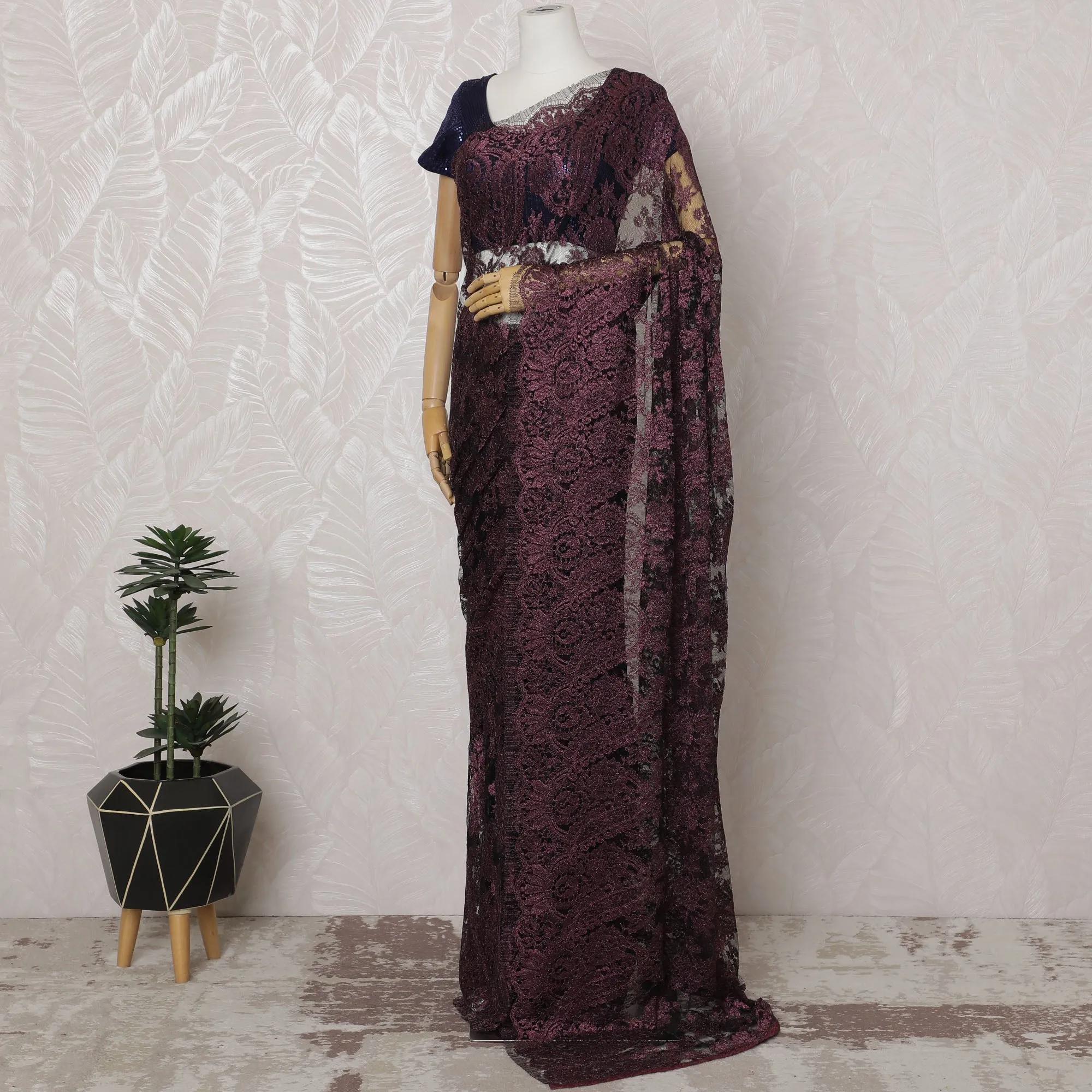 Burgundy French Metallic Chantilly Lace Saree - 110 cm Width, 5.5 Meters-D20165