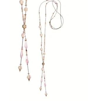 Lariat Style Fab Bead Necklace - Rose/Nude/Gold by Hot Tomato