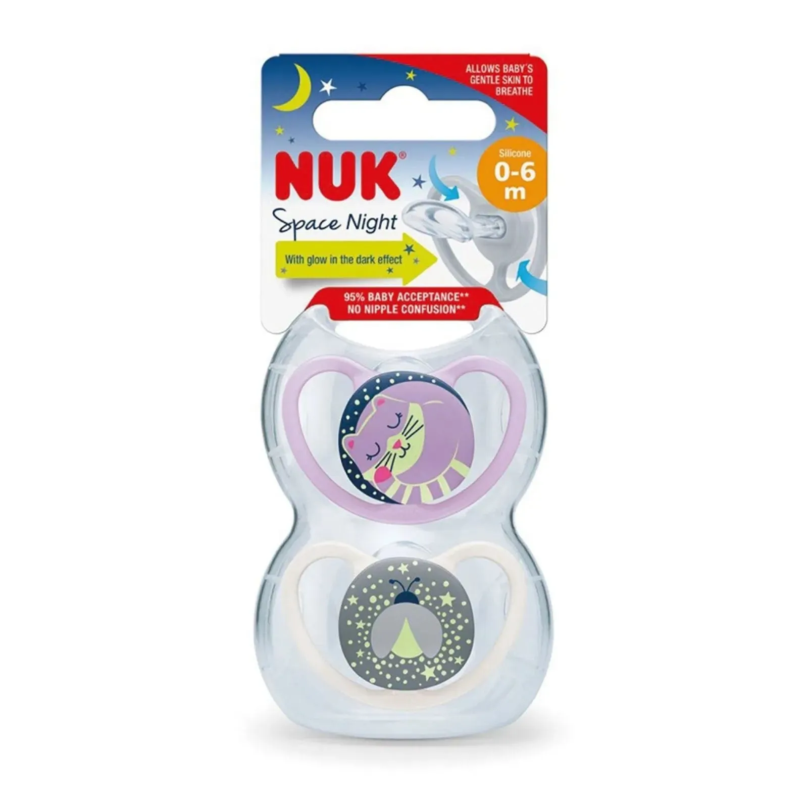 NUK Space Night Soother 0-6m Pack of 2 Assorted - Pink