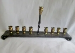 Rare Wrought Cast Iron Bronze MENORAH Rustic Candelabra Candle Holder Candlestick