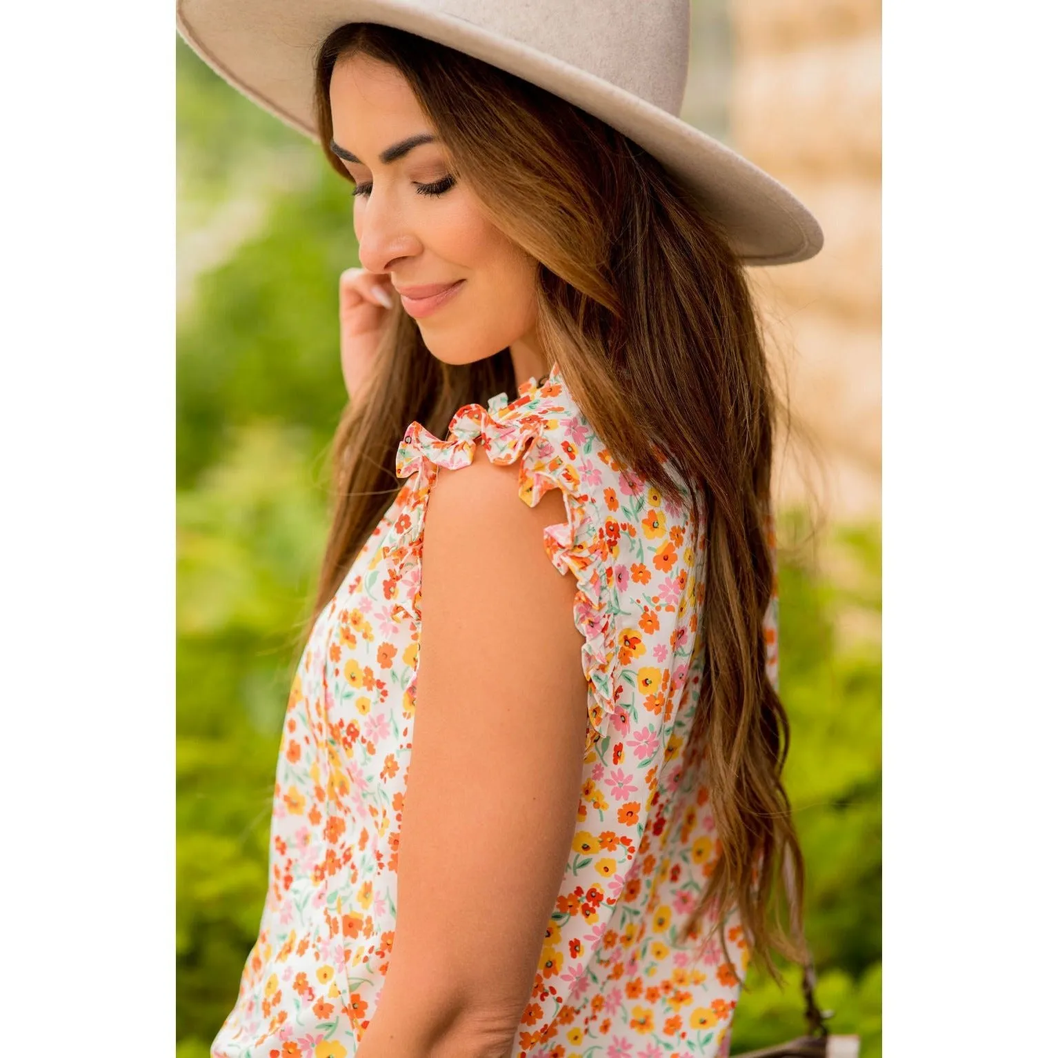 Vintage Daisies Ruffle Trim Tie Tank