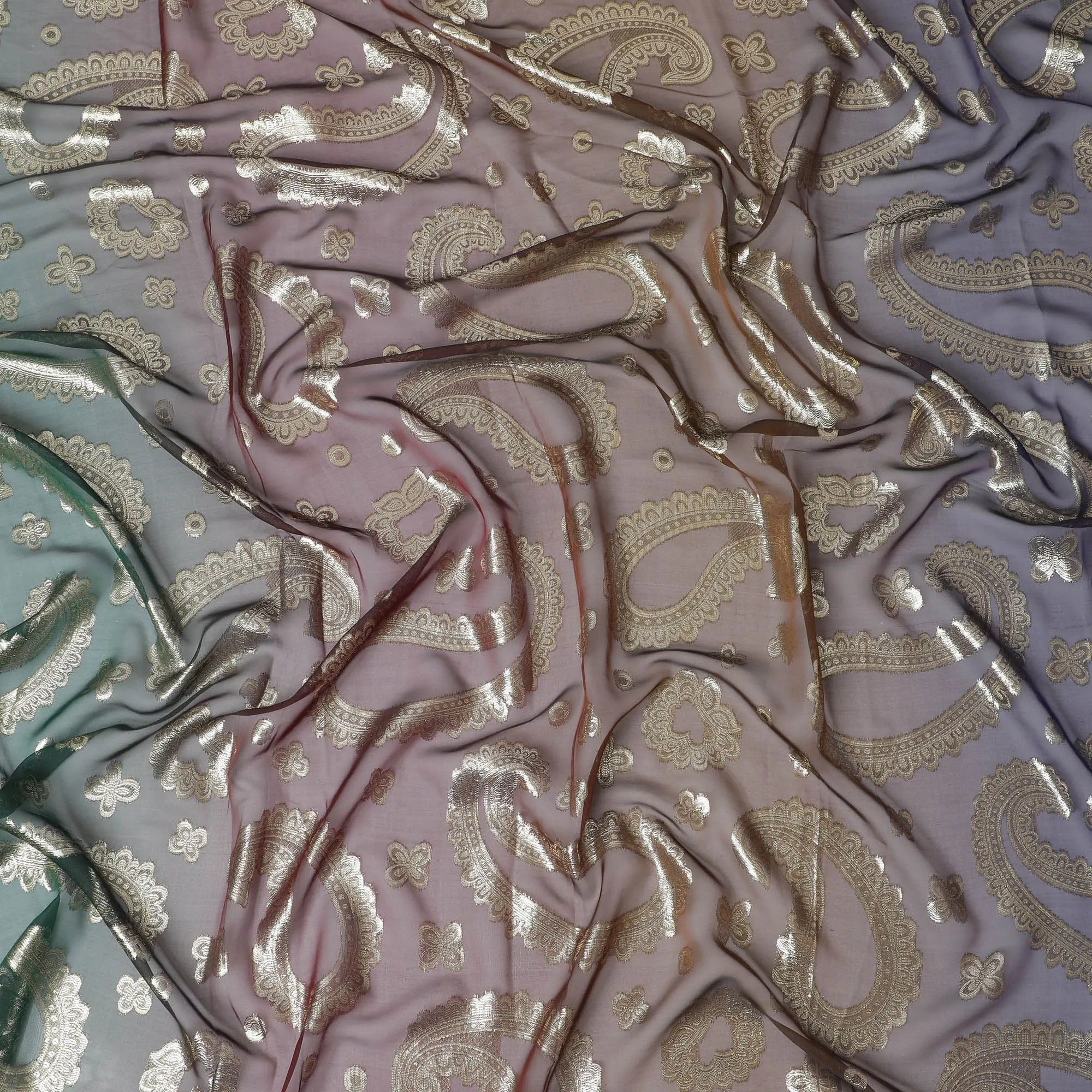 Vintage Mauve Pure Fransawi Silk Chiffon Fabric with Bronze Paisley Elegance, 110cm Width - Traditional Garbasaar, Piece of 2.0 Mtrs-D18644